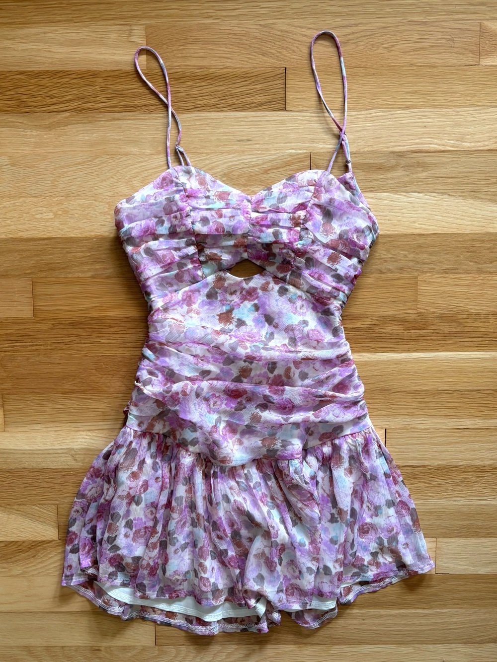 Purple and Blue Floral Mini Dress - Ruched Sides, Cut out Back, Tie Back